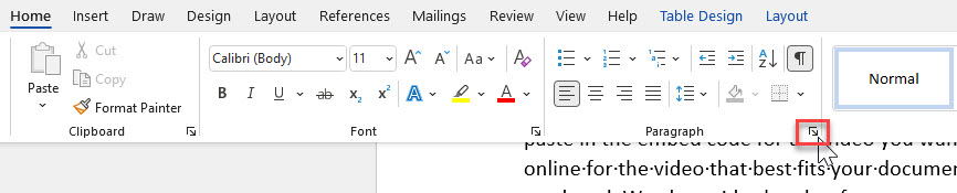 Home tab on the Word Ribbon with the Paragraph dialogue box launcher shown in a red box