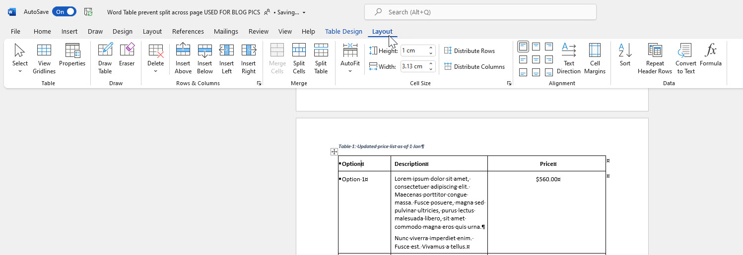 Word Ribbon with Layout tab selected and the mouse pointing to Layout