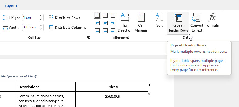 Layout tab on Word Ribbon with mouse over Repeat Header Rows button