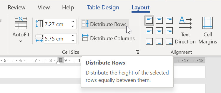 Layout tab on Word Ribbon with the mouse pointing to the Distribute Rows button