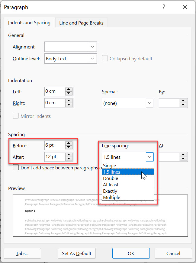 Paragraph dialogue box in the Indents and Spacing tab with the Spacing options and Line spacing options shown in red boxes and a mouse selecting 1.5 lines