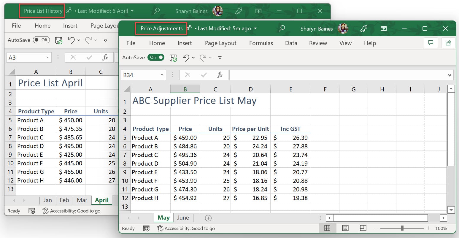 Two workbooks open, Price list history and Price adjustments