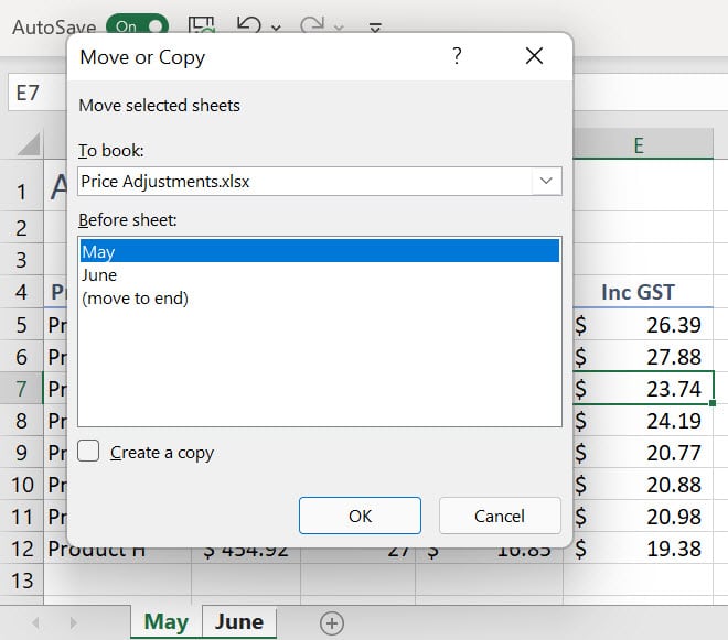 Move or Copy dialogue box with Price Adjustments.xlsx in To book: and May selected in Before sheet: