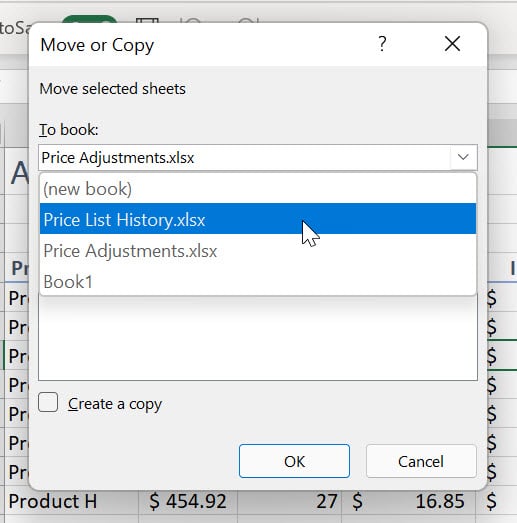 Move or Copy dialogue box with a list under To Book: and Price List History.xlsx being selected