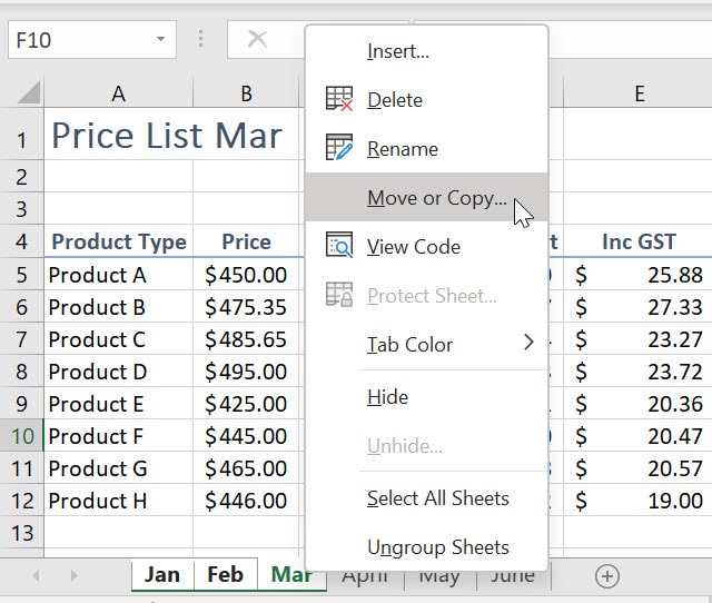 Worksheet tabs Jan, Feb and Mar all selected with a shortcut menu beside them and the mouse selecting Move or Copy...