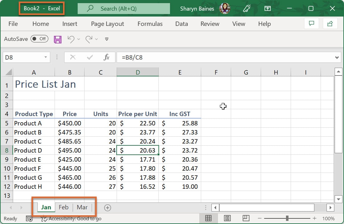 Excel workbook Book2 - Excel with the workbook name shown in an orange box. Worksheet tabs Jan, Feb and March are also shown in an orange box with the Jan tab selected.