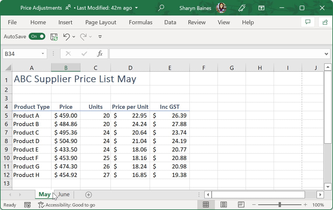 Price Adjustments workbook in the May worksheet tab