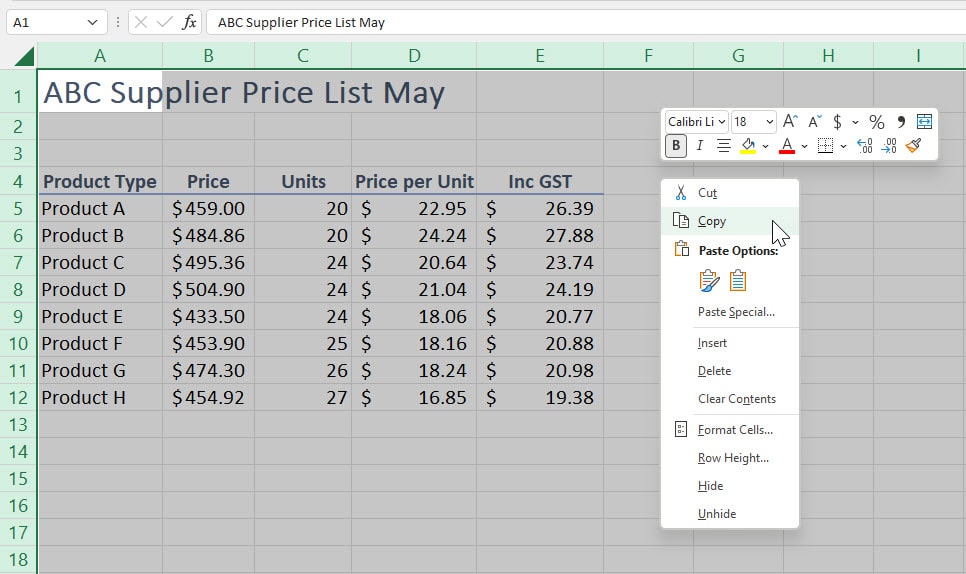 The entire May worksheet is selected in the Price adjustments file with a short menu on the right and Copy being selected from that list.