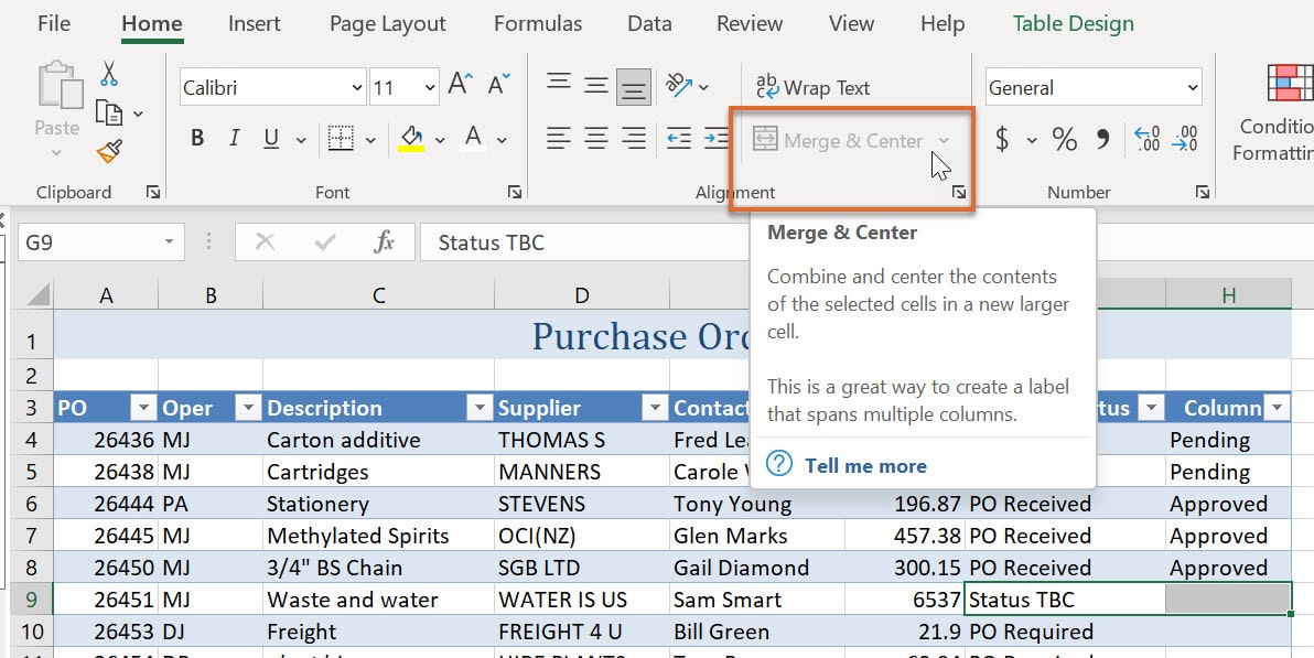 Excel spreadsheet with Merge & Center button on Excel ribbon greyed out and shown in a red box