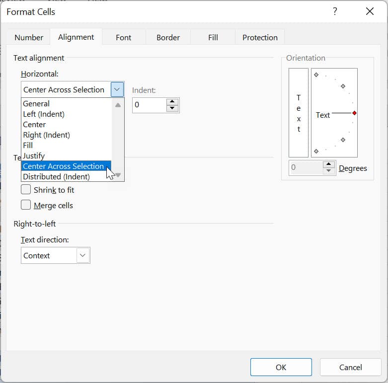 Format Cells dialogue box in the Alignment tab. Under Horizontal: Center Across Selection is being selected. 
