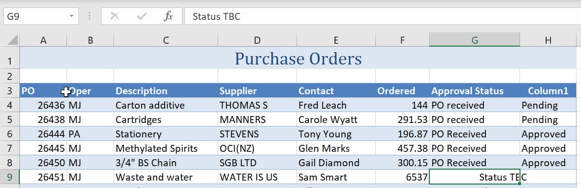 Purchase Orders spreadsheet with cell G9 selected where it says Status TBC.