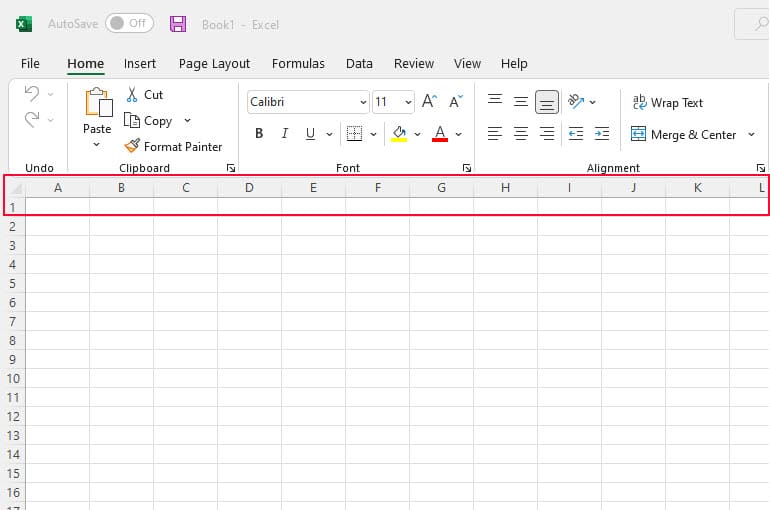 Excel spreadsheet with red box around missing Formula Bar