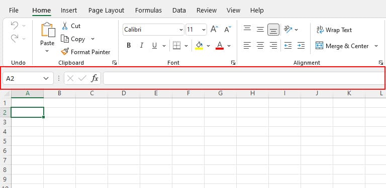 Excel spreadsheet with the Formula Bar shown in a red box