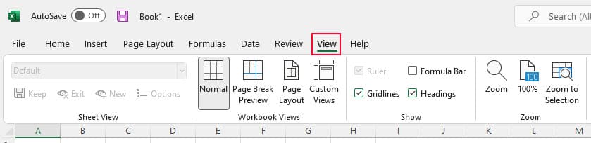 Excel ribbon with the View tab shown in a red box
