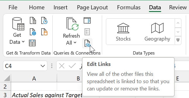 Data tab with mouse pointing to Edit Links button and a description saying "View all of the other files this spreadsheet is linked to so that you can update or remove the links"