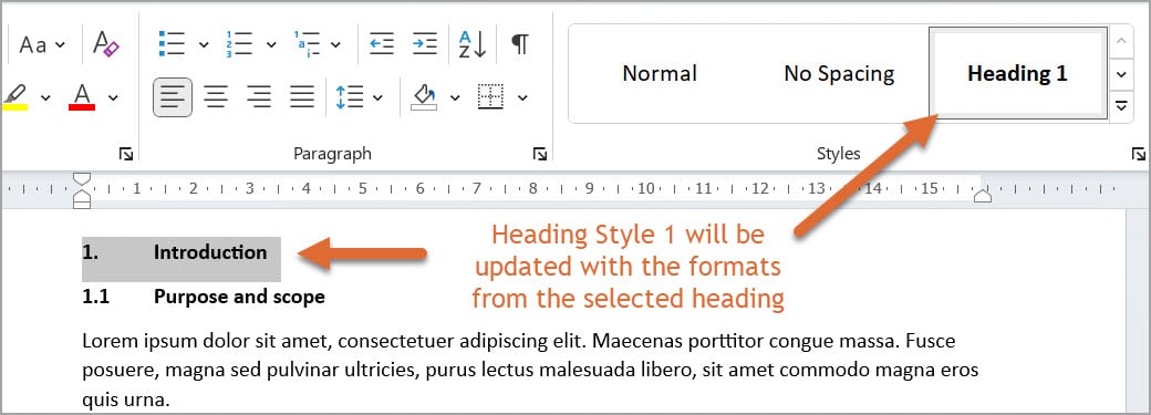 Indroduction highlighted and both the introduction and Heading 1 are pointed at with orange arrows and a callout saying "Heading Style 1 will be updated with the formats from the selected heading"