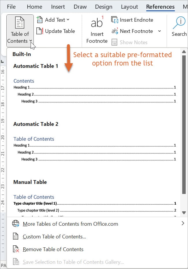 Table of Contents option is seletced with drop down options for different formats