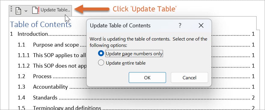 Update Table is being selected and a Update Table of Contents dialogue box has appeared with Update page numbers only being selected