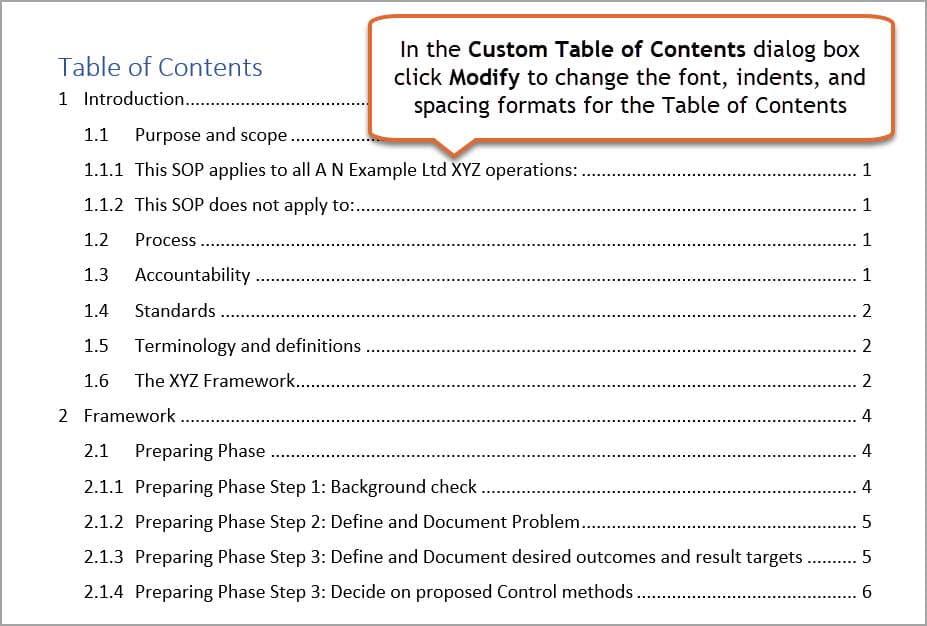 Table of contents with callout "In the Custom Table of Contents dialog box click Modify to change the font, indents, and spacing formats for Table of Contents"
