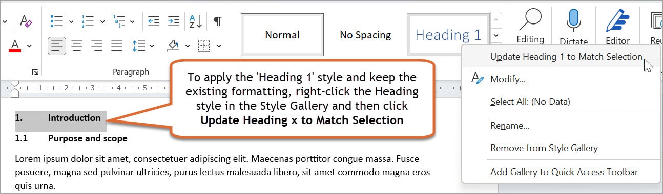 Introduction highlighted with the callout "To apply the 'Heading 1' style and keep the existing formatting, right-click the Heading style in the Style Gallery and then click Update Heading x to Match Selection"