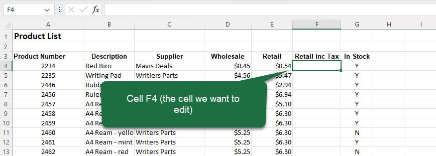 Excel worksheet with cell F4 selected and the callout "Cell F4 (the cell we want to edit)