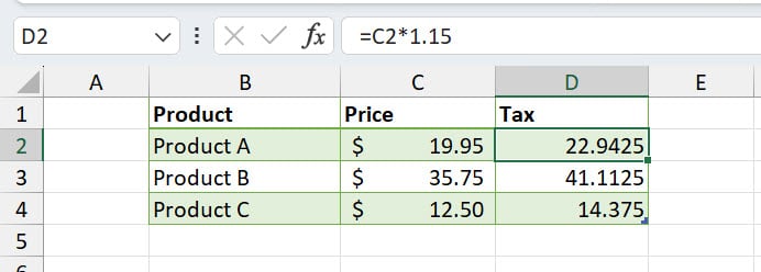 Cell D2 shows 22.9425. The Formula Bar shows =C2*1.15