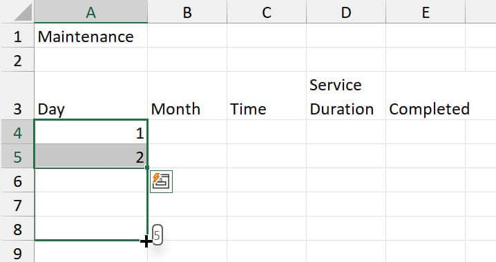 The image shows an Excel spreadsheet where a series is being created using the fill handle. Cells A4 and A5 are highlighted, containing the numbers "1" and "2" respectively, indicating that a series is being established. The fill handle, visible at the bottom-right corner of cell A5, is being used to drag the series down to cell A8, as shown by the mouse icon and the number "5" previewing the series' end value. The column headers "Day," "Month," "Time," "Service Duration," and "Completed" are visible in row 3, and rows are numbered 1 to 9