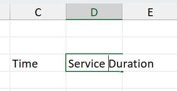 The image shows a snippet of an Excel spreadsheet focusing on columns C, D, and E. Column D's header is highlighted, with the text "Service Duration" written in cell D3, which is selected as indicated by the green border around the cell. The cursor is placed in front of the word 'Duration'. Column C's header, just to the left, contains the text "Time" in cell C3. The headers of columns C and D are shaded, implying they are selected or formatted differently from the other cells, which remain unshaded. No text is visible in column E, and the rest of the cells in the image are empty.
