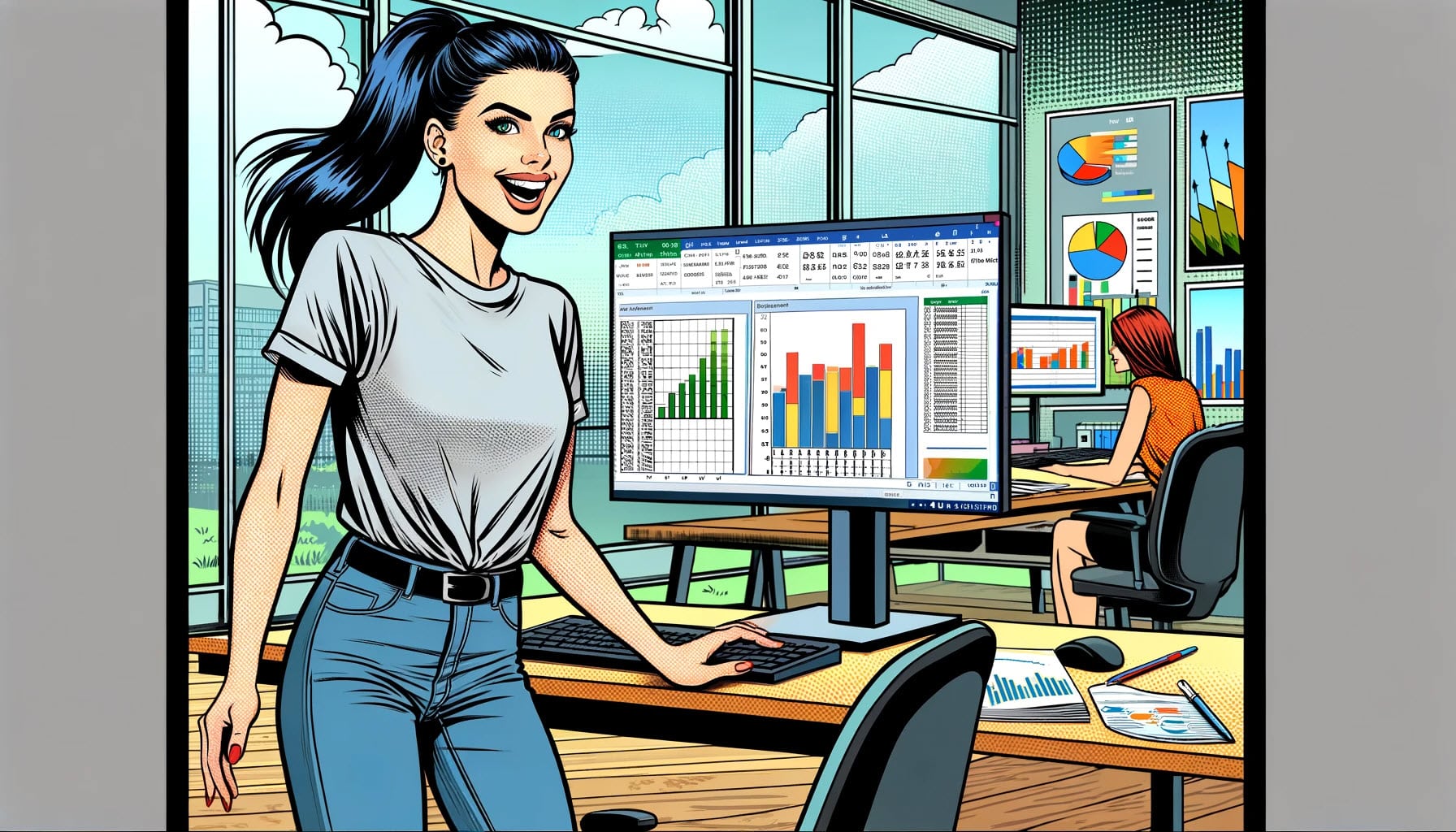 image depicts a young woman dressed in a t-shirt and jeans, in a modern office, with her hair in a ponytail. She looks happy and is engaged with Excel on her computer screen, which displays graphs and charts. The contemporary office environment is vibrant, captured in bright colors that create a dynamic and positive atmosphere. The image captures her satisfaction with working on Excel, highlighting her proficiency in data handling and visualization through graphs and charts, all presented in the same playful yet sophisticated comic book style