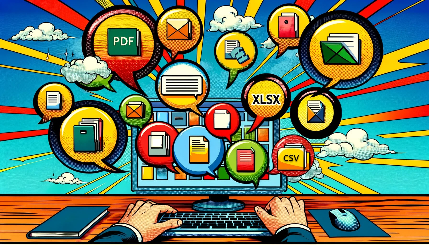image showcases a computer screen in a vibrant, comic-style business environment, featuring bubble images representing different file types like the Microsoft Excel symbol, PDF, XLSX, XLS, XLXM, and CVS. Each file type is depicted in a fun and clear manner, emphasizing organized and efficient file management.