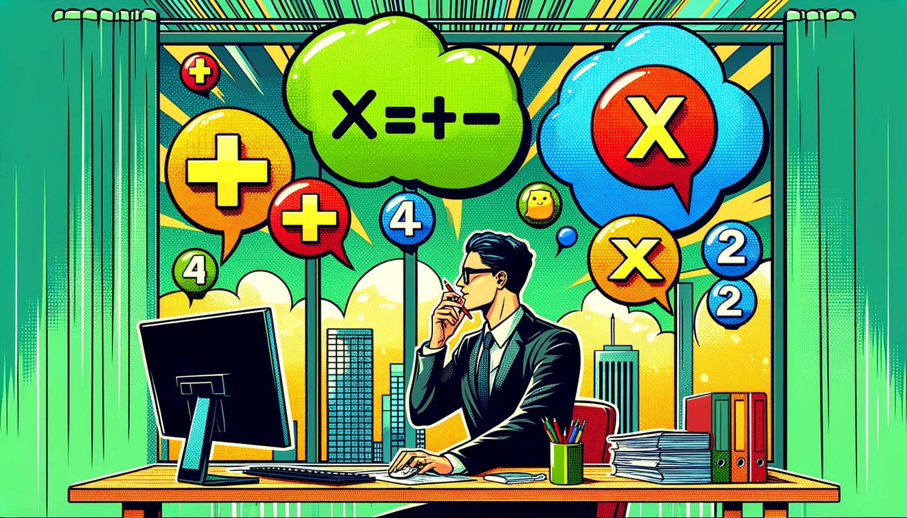 image shows a person in a business environment using Excel for basic calculations. The scene is enhanced with vibrant bubbles containing symbols for addition, subtraction, multiplication, and division, reflecting the dynamic and fun nature of working with Excel in a professional setting.