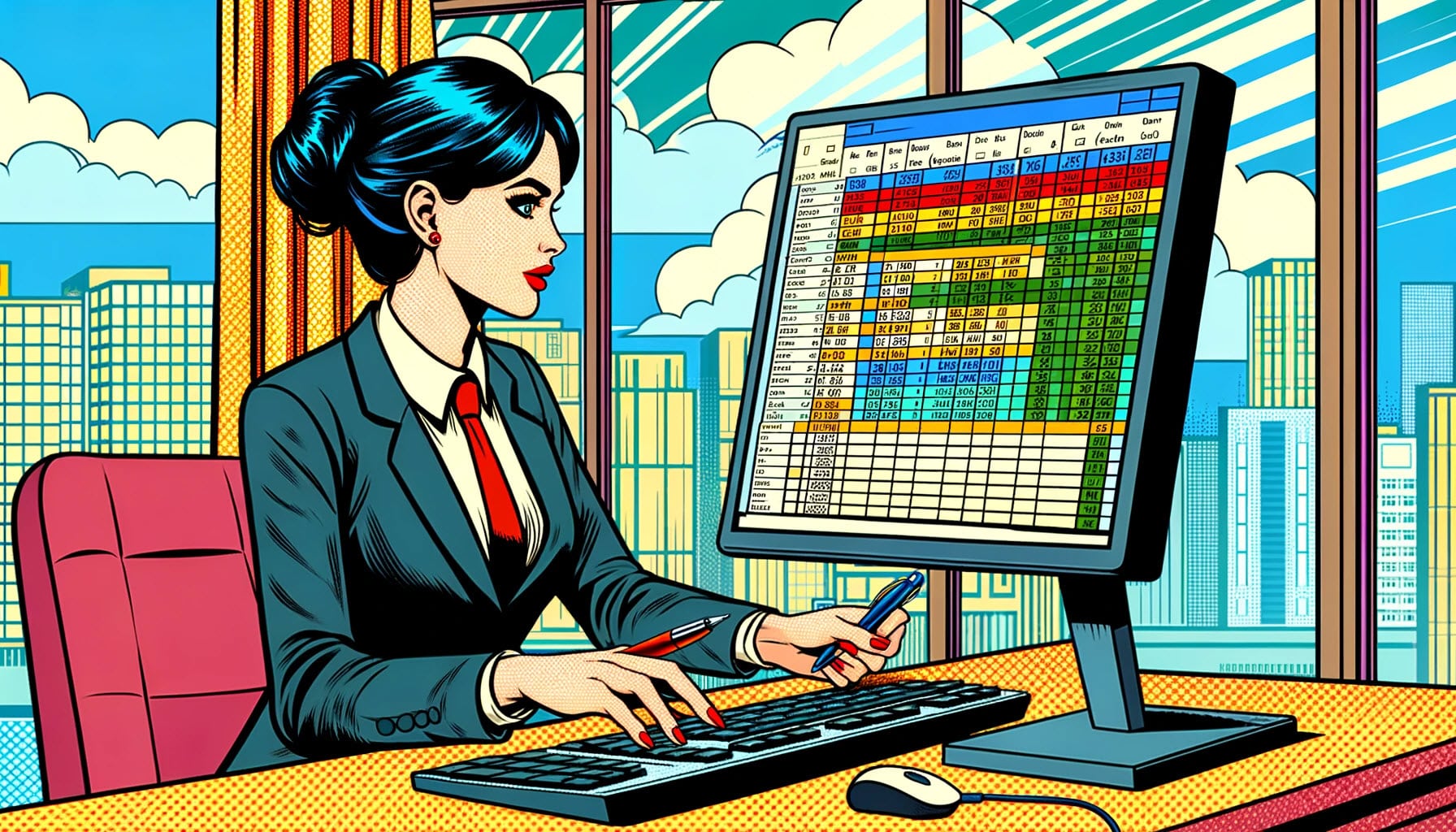image features a female person in a business environment, actively engaged in modifying Excel worksheets. The scene captures her proficiency and enjoyment in tasks like inserting and deleting rows, merging cells, and organizing data, all in a vibrant, comic-style atmosphere suitable for a professional setting.