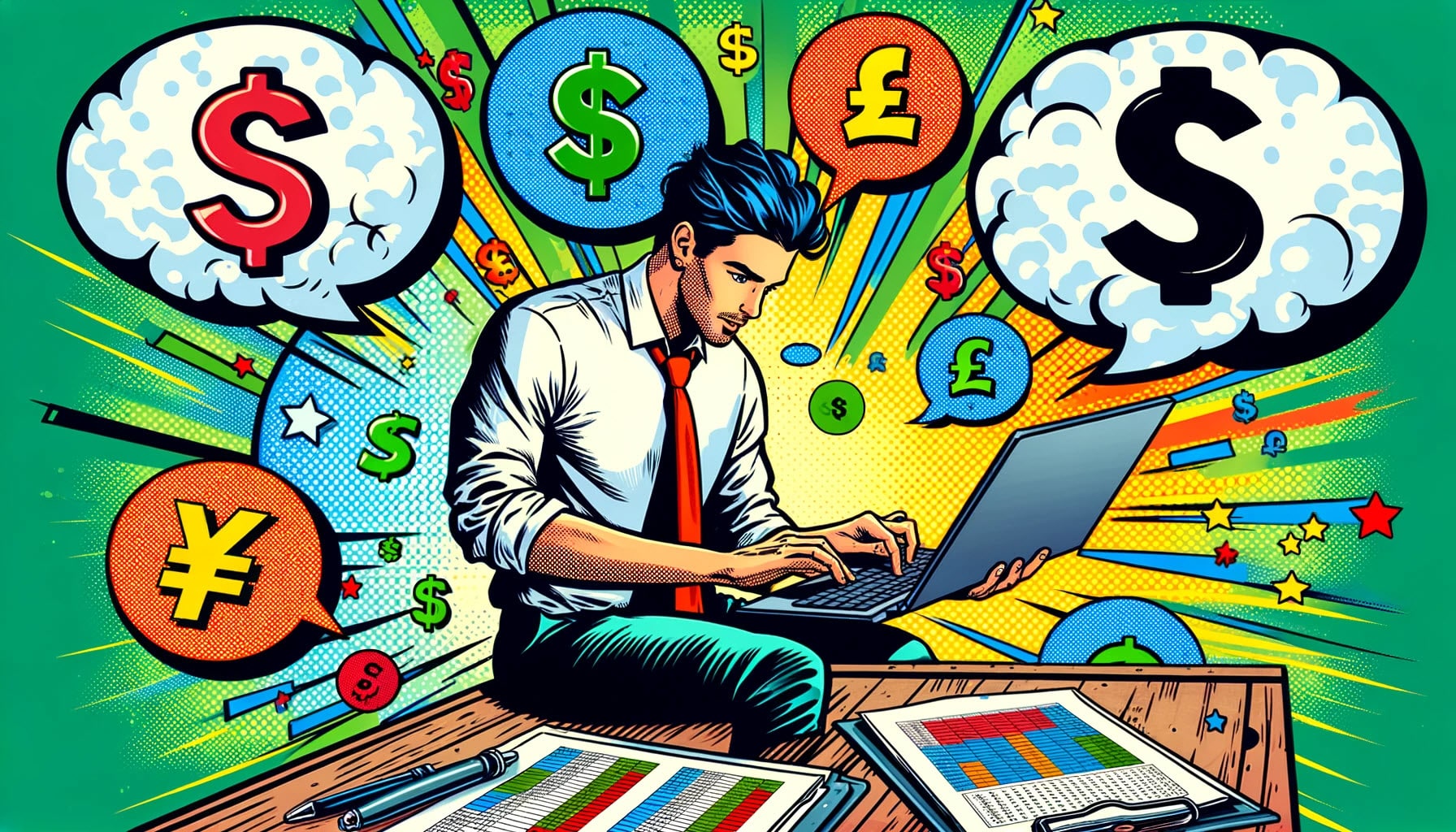 image features a casually dressed person in a business environment, applying formatting to an Excel workbook. The scene is surrounded by vibrant bubbles containing currency symbols like the dollar and pound, capturing the person's engagement in formatting tasks within Excel in a playful and energetic comic book style. This setting reflects a modern, less formal professional environment.