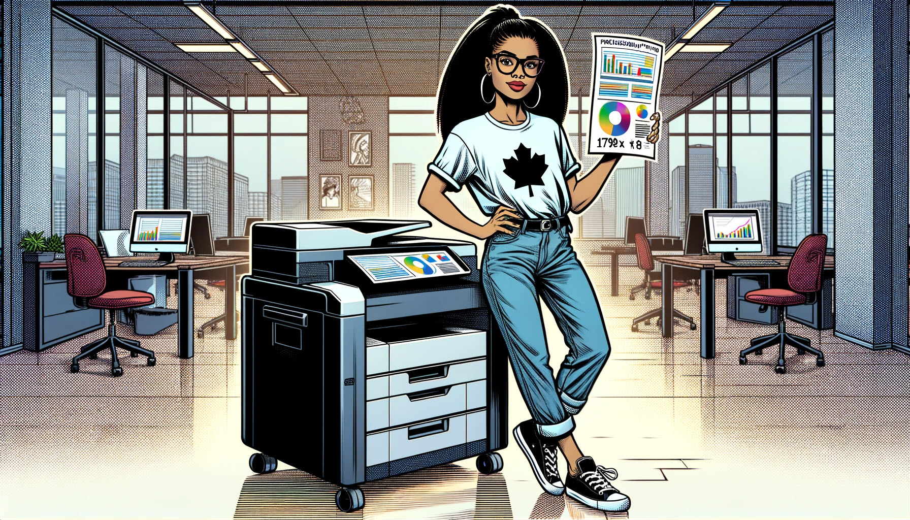 depicts a Black female dressed casually in a t-shirt, jeans, and sneakers, with her hair in a ponytail and wearing reading glasses. She stands next to a printer in a modern office setting, holding a printed report with a chart on it.