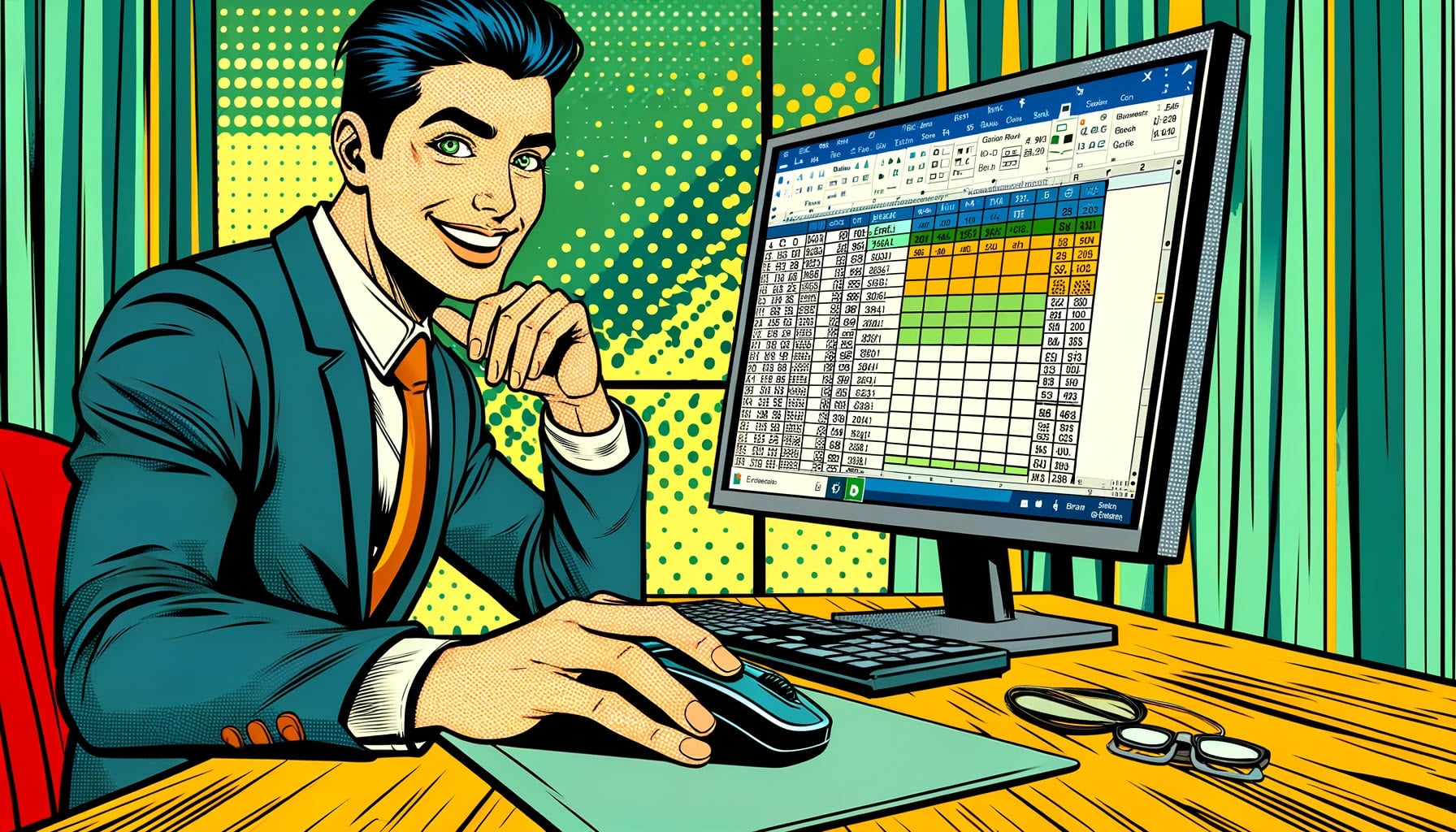 Image shows a vibrant, comic-style, depicting a person in a business environment at their desk with an Excel spreadsheet on the computer. The scene is playful and engaging, designed to emphasize a fun and positive work atmosphere.