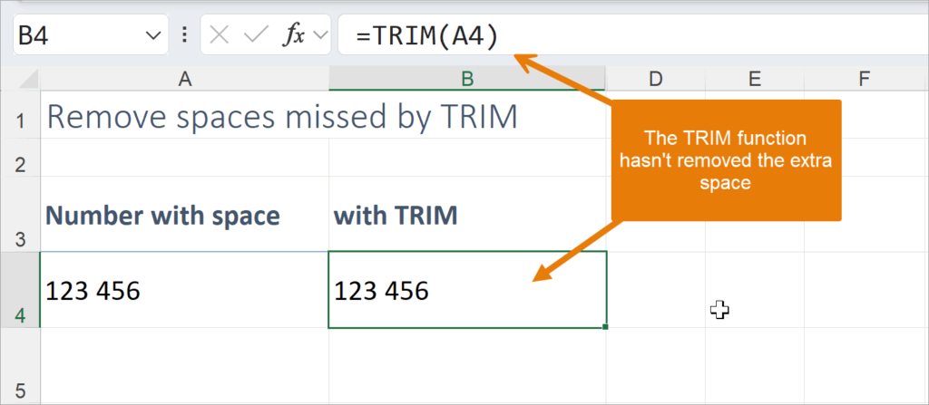  An Excel worksheet showing the TRIM function failing to remove an extra space between numbers in cell A4.