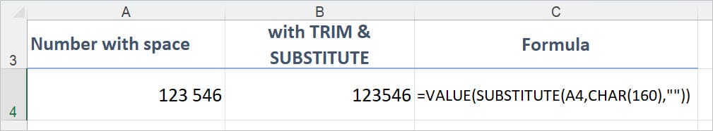 Excel Spreadsheet showing how to remove a space from a number using the formula =VALUE(SUBSTITUTE(A4,CHAR(160),""))