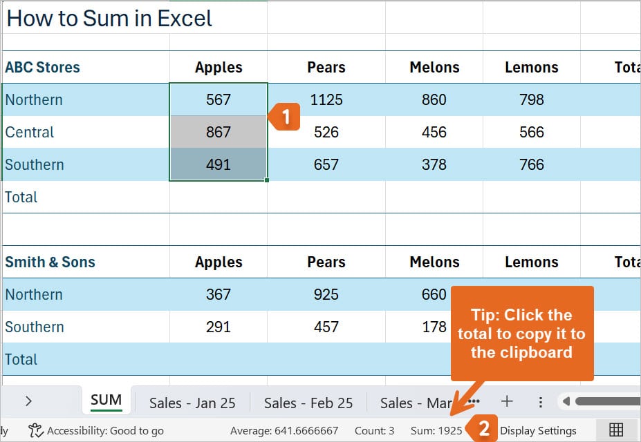 Excel spreadsheet with selected cells showing the total in the status bar