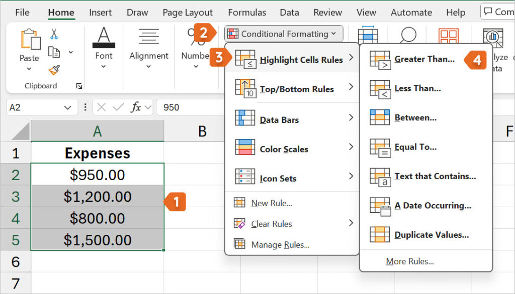 Excel table with expenses. Conditional Formatting, Greater Than is being applied to the selected cells A2 to A5 to format any cell greater than $1000 in red.