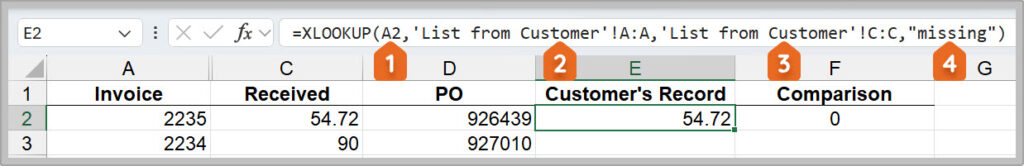 XLOOKUP formula in Excel with numbered callouts highlighting the lookup value, lookup and return columns, and an “if not found” argument.