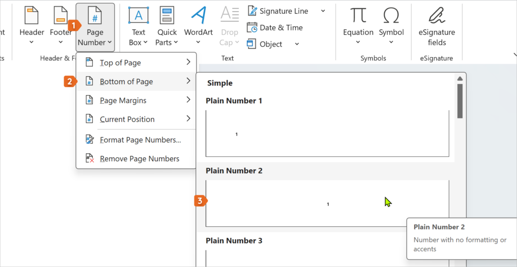Insert Page Number options in Microsoft Word
