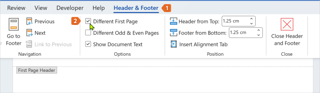 Different First Page option enabled in Microsoft Word