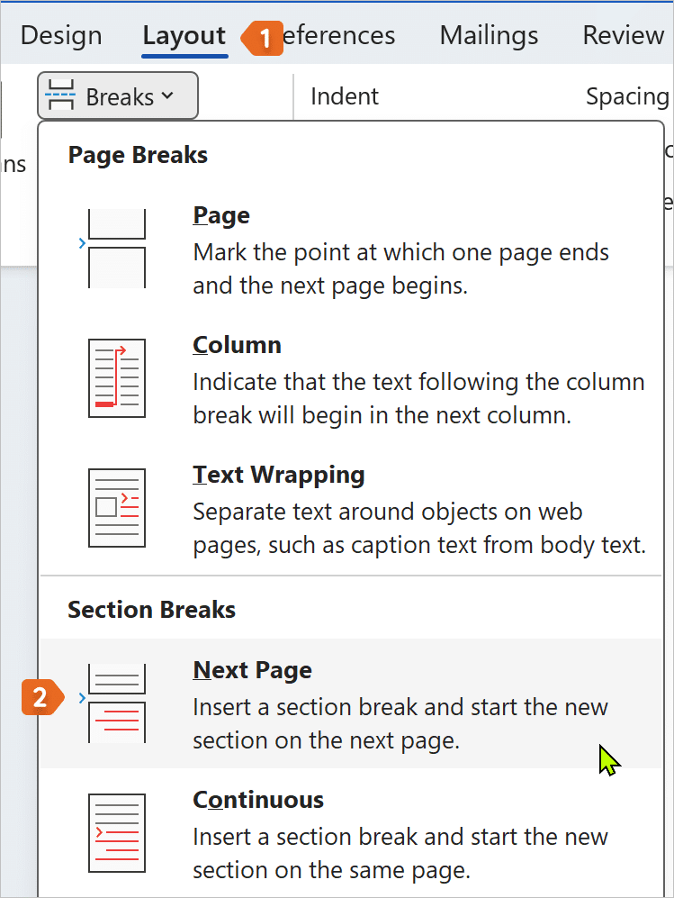Insert Next Page section break in Microsoft Word