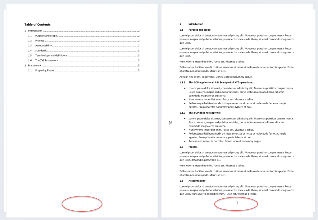 Word document displaying small Roman numeral page numbering on one page and Arabic number 1 on the following page
