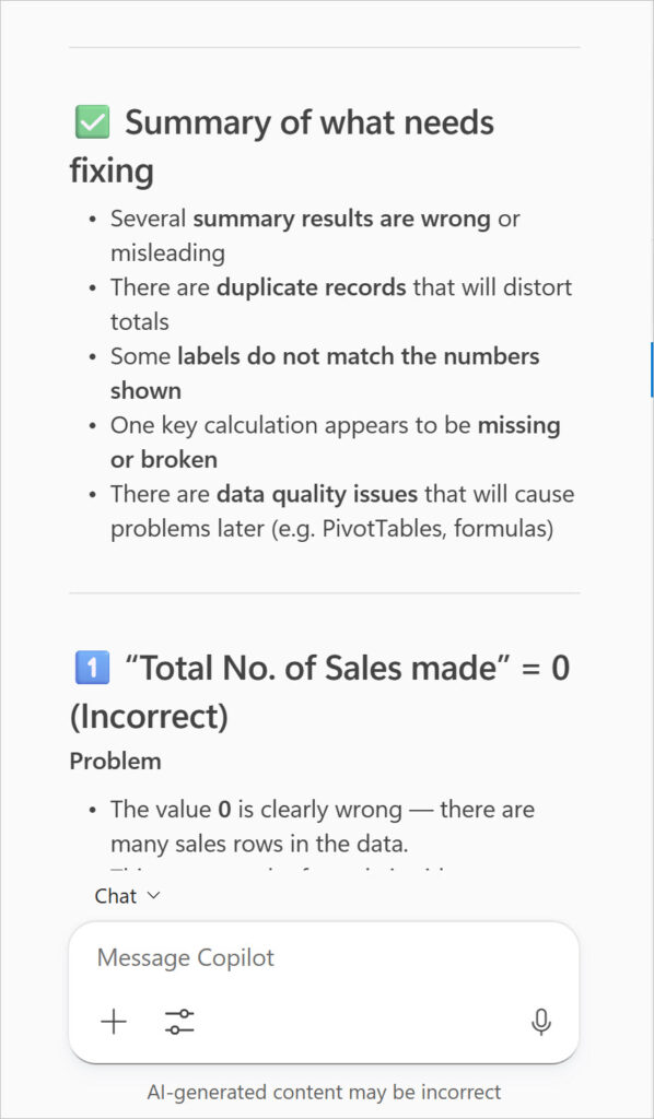 Copilot in Excel listing multiple worksheet errors in chat mode.