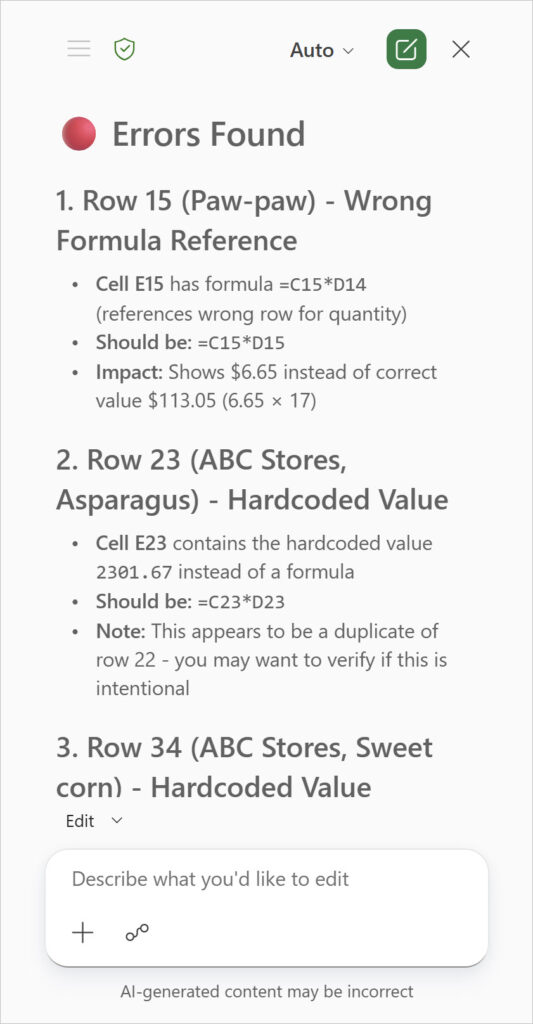 Copilot in Excel pane showing feedback on Errors Found in the document.