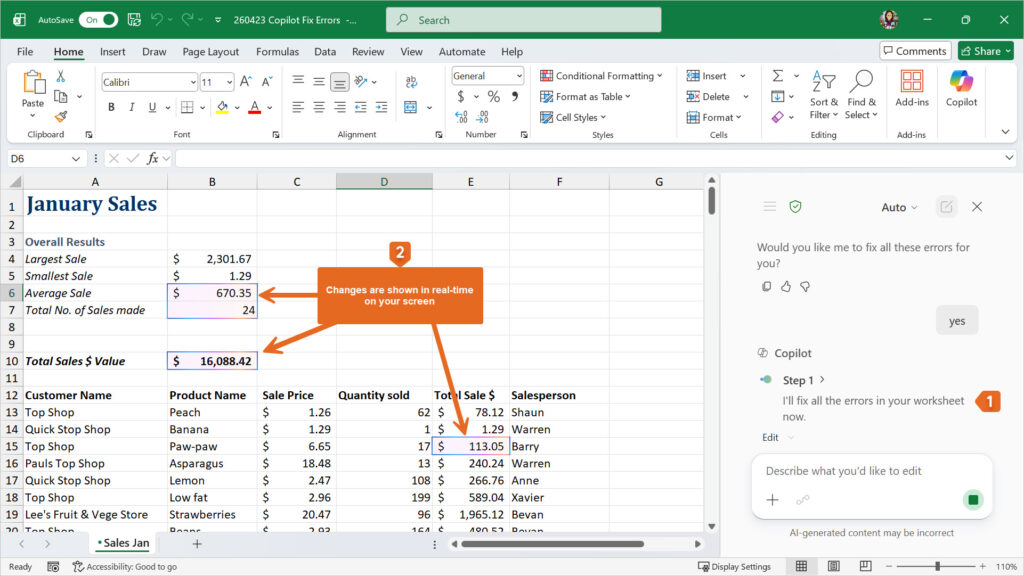 Copilot in Excel applying formula fixes automatically.