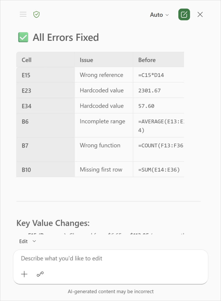 Copilot pane in Excel showing summarised formula fixes.